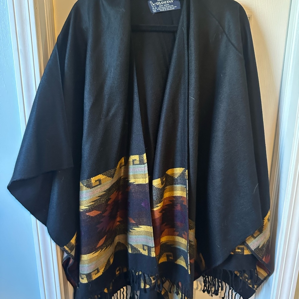 Black and Multicolor Fringe Poncho - handcrafted in Ecuador by Sisandina